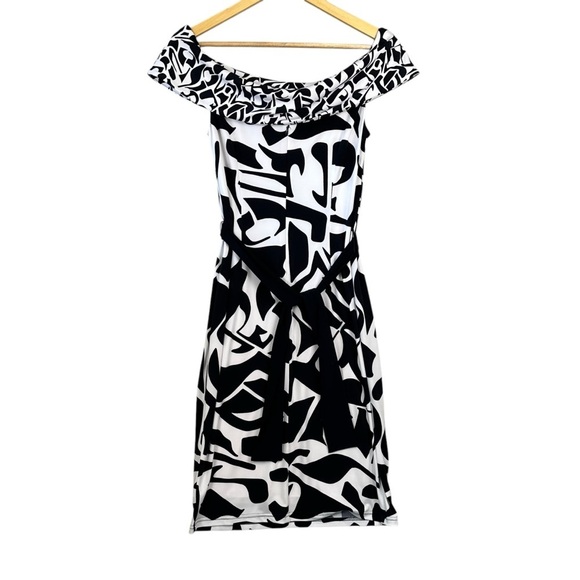 Joseph Ribkoff  dress black-white Off-shoulder silhouette pattern Sz 6 - Picture 6 of 13